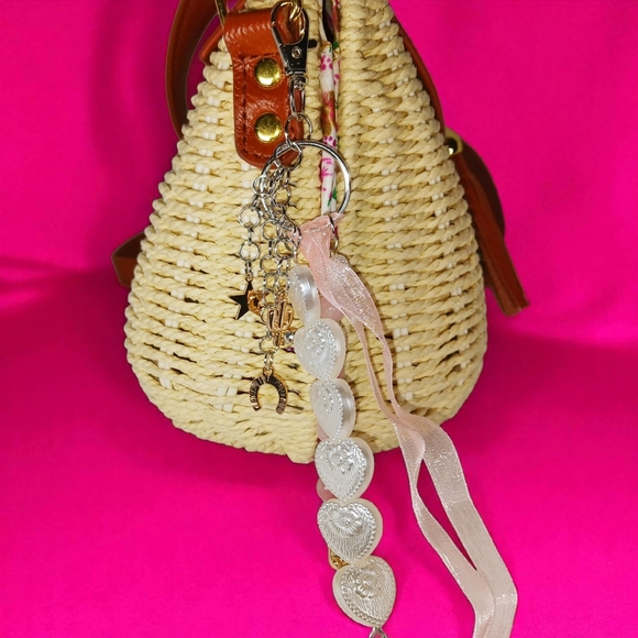 Pink Morganite Pearls & Cowgirl Charms Pink Ribbon Bag Charm Purse Accessory Y2k - Picture 15 of 16